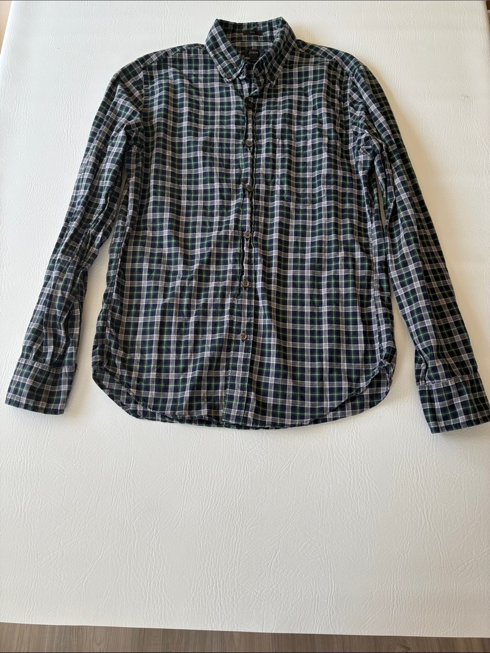 J. Crew Men's Black and Green Plaid Button-Down Shirt